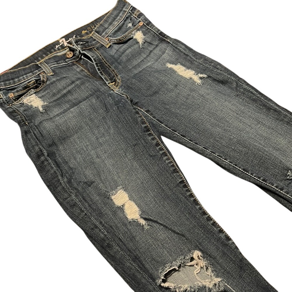 7 For All Mankind The Skinny Distressed Ripped Jeans‎ Dark Wash Blue Size 27
